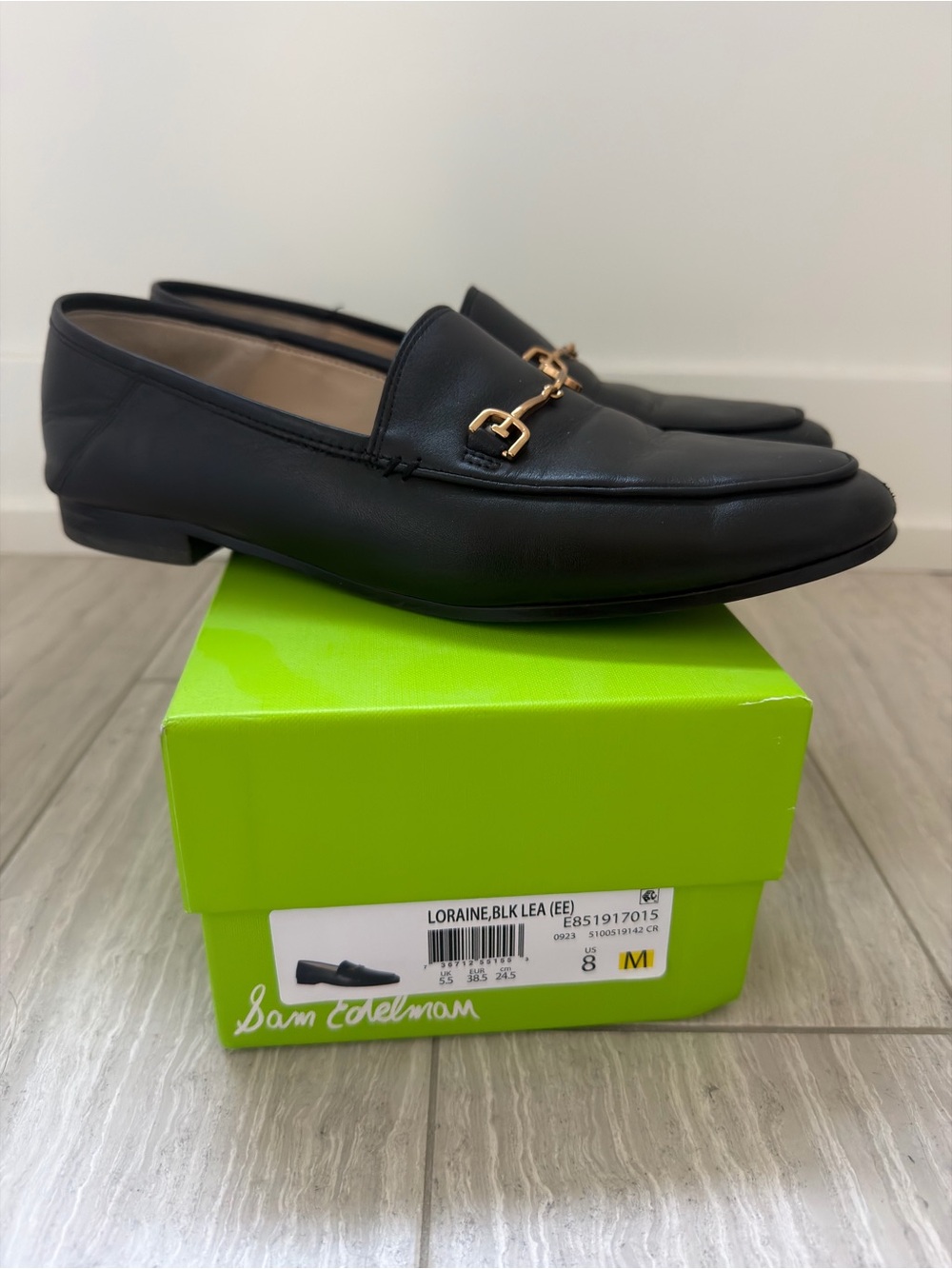 Sam Edelman Loraine Bit Black Leather Loafers with Gold Hardware, size 8